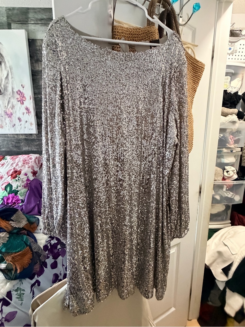 Reitmans Silver Sequin Long Sleeve Dress